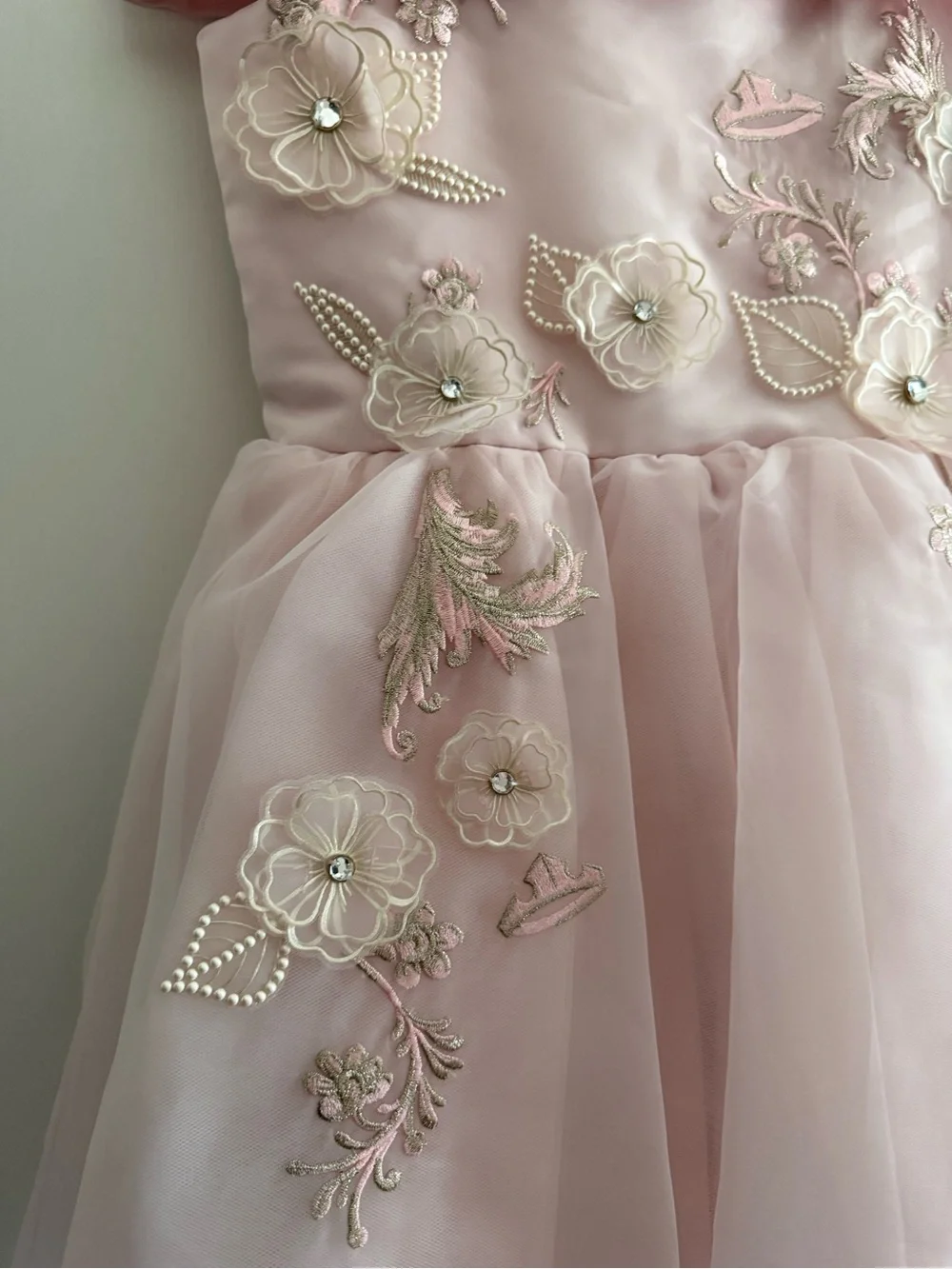 Disney Princess Aurora Blush Pink Floral Applique Tulle Embroidered Pearl Dress